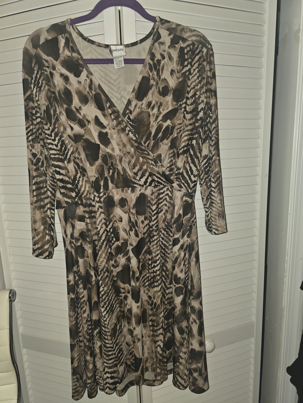 Chico's Size 2 (Large) V-Neck Faux Wrap Midi Brown & Black Animal Print Dress